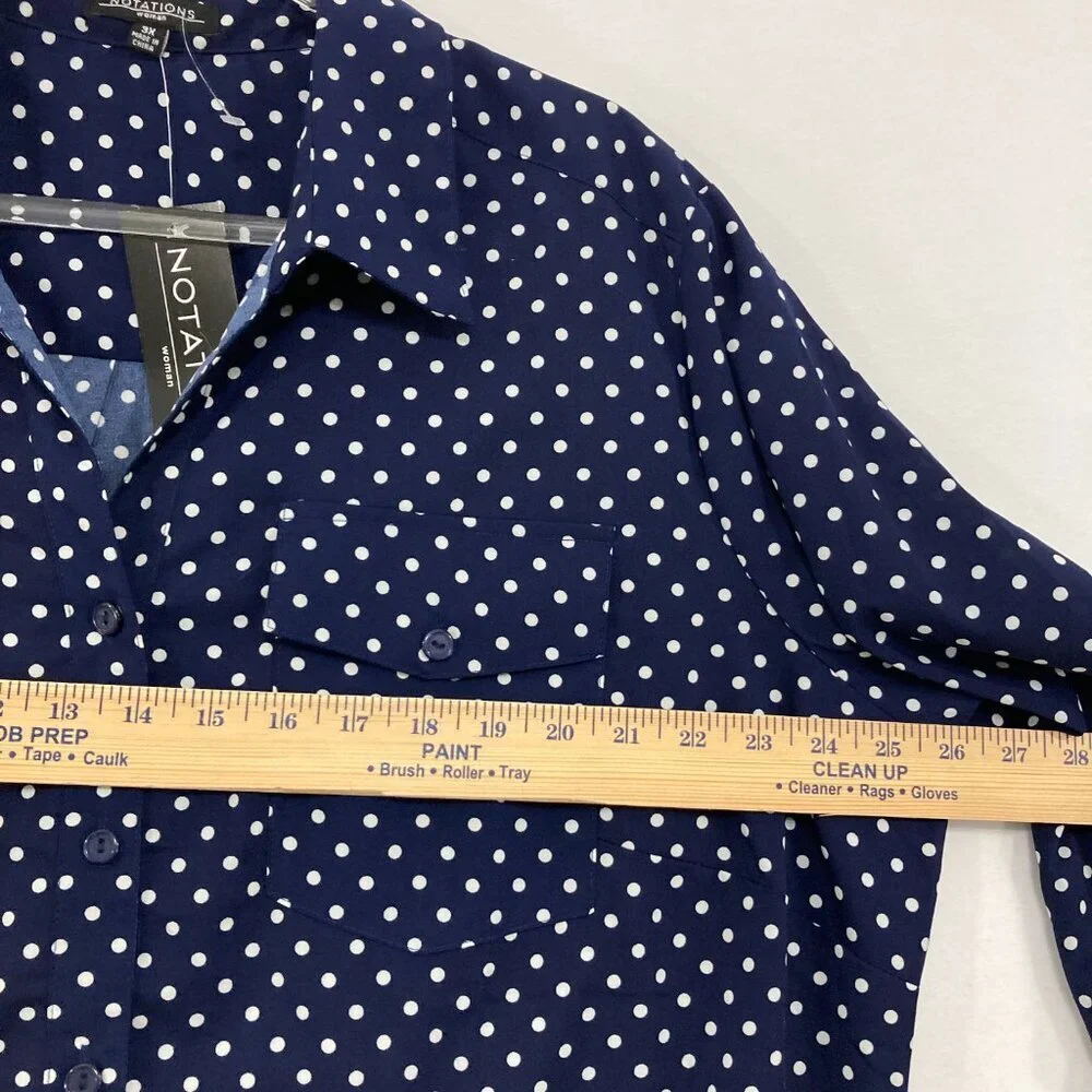 Notations Navy Blue Polka Dot, Lightweight, poly SOFT drape Shirt. Like NEW! - Picture 7 of 11